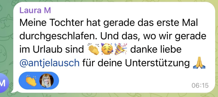 Nachricht einer Mama: ihre Tochter hat zum ersten Mal durchgeschlafen